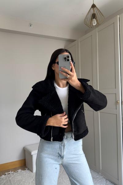 Peluş Kaplama Süet Crop Kaban 6859 Siyah