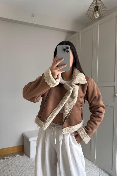 Peluş Kaplama Süet Crop Kaban 6859 Taba
