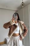 Peluş Kaplama Süet Crop Kaban 6859 Taba