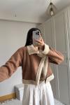 Peluş Kaplama Süet Crop Kaban 6859 Taba