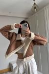 Peluş Kaplama Süet Crop Kaban 6859 Taba