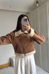 Peluş Kaplama Süet Crop Kaban 6859 Taba