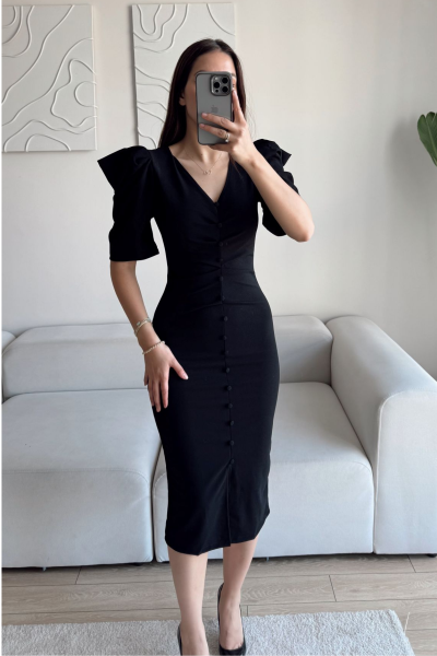 Plenty Düğme Detay Prenses Kol Midi Elbise Siyah