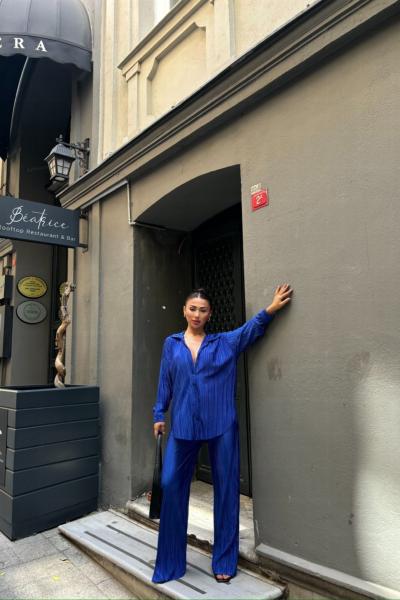 Pliseli İkili Takım 1695  Saks Mavisi