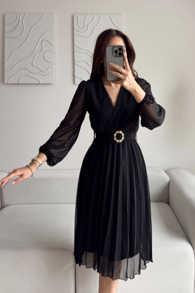 Pliseli Şifon Elbise 3073 Siyah