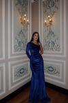 Rosabella Tek Kol Kadife Abiye 582269 Saks Mavisi