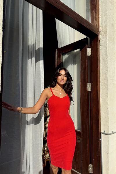Shess İp Askı Simli Midi Boy Elbise 582221 C21 Kırmızı