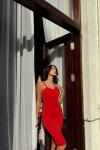 Shess İp Askı Simli Midi Boy Elbise 582221 C21 Kırmızı
