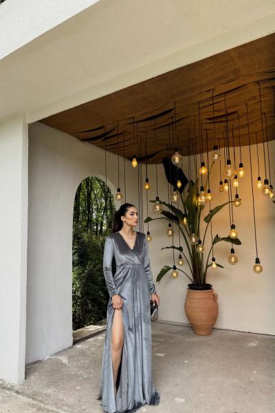 Shila Kadife Yırtmaçlı Abiye 581949 Gri