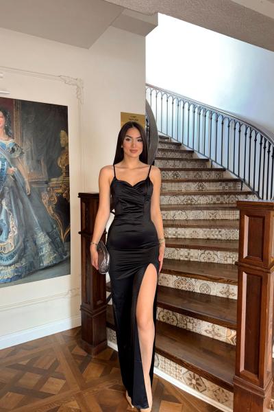 Siete İp Askı Yırtmaçlı Saten Abiye 582177 A13x Siyah