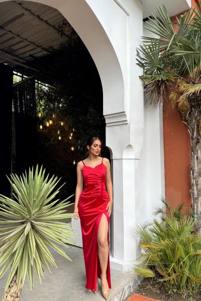 Siete İp Askı Yırtmaçlı Saten Abiye 582177 A13x Kırmızı