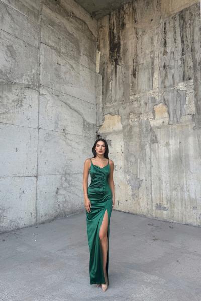 Siete İp Askı Yırtmaçlı Saten Abiye 582177 A13x Zümrüt