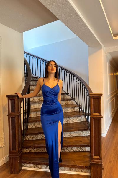 Siete İp Askı Yırtmaçlı Saten Abiye 582177 A13x Saks Mavisi