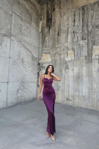 Siete İp Askı Yırtmaçlı Saten Abiye 582177 A13x Mürdüm