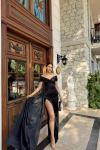 Stone Drape Yaka Yırtmaç Detay Kuyruklu Abiye 582553 A16 Siyah