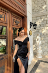 Stone Drape Yaka Yırtmaç Detay Kuyruklu Abiye 582553 A16 Siyah