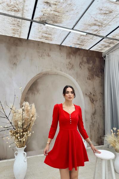 Tina Düğme Detay Kloş Elbise 581961 Kırmızı