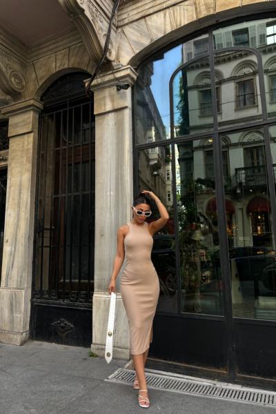 Tracy Tek Yırtmaçlı Ottoman Midi Elbise 1671 Taş Rengi