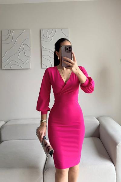 Tuna Kruvaze Yaka Midi Boy Kalem Elbise 58706 K5X FS Fuşya