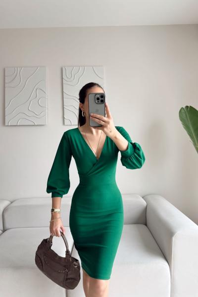 Tuna Kruvaze Yaka Midi Boy Kalem Elbise 58706 K5X FS Zümrüt