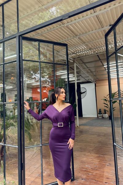 Tylor Kemer Detay Yarasa Kol Midi Elbise 582674 Mürdüm