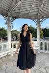 Valerie V Yaka Kolsuz Midi Elbise 40073 Siyah