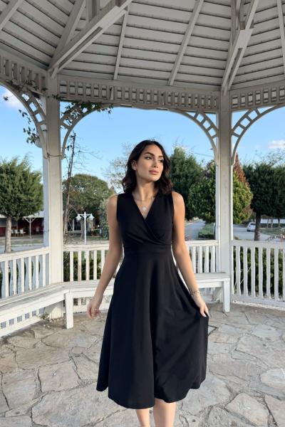 Valerie V Yaka Kolsuz Midi Elbise 40073 Siyah
