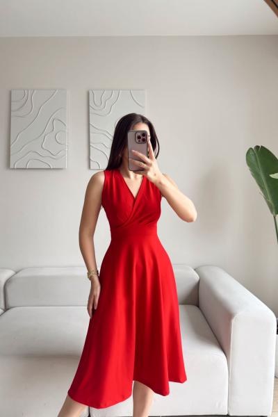 Valerie V Yaka Kolsuz Midi Elbise 40073 Kırmızı
