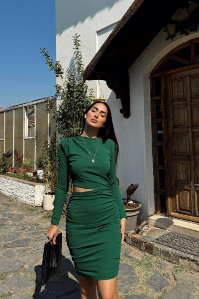 Vatka Detay Bel Dekolte Mini Elbise 582003 Zümrüt