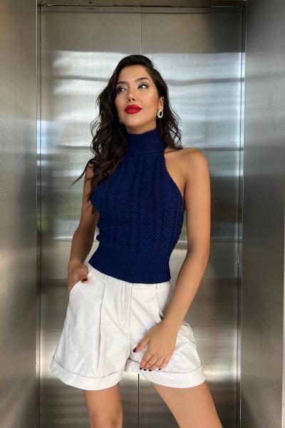 Balıkçı Yaka Kolsuz Sırt Dekolte Crop 020 Saks Mavisi