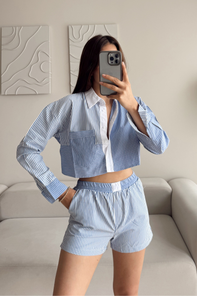 Zara Model Çizgili Takım   Mavi - Beyaz