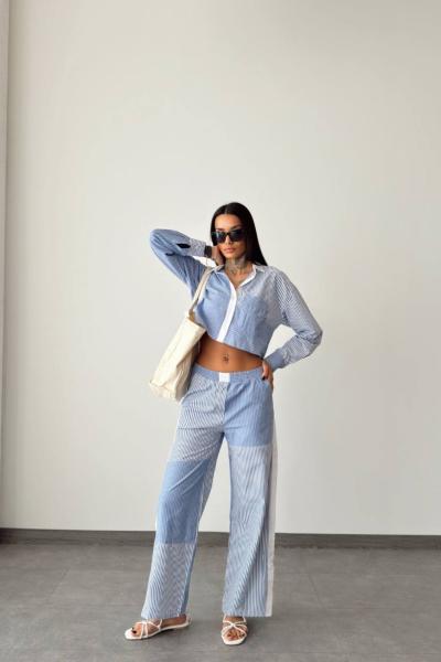 Zeren Çizgi Detaylı Crop Gömlek 5244 Mavi