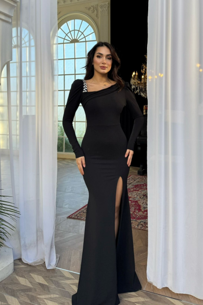 Zyran Kol Detay Yırtmaçlı Abiye 582755 Siyah