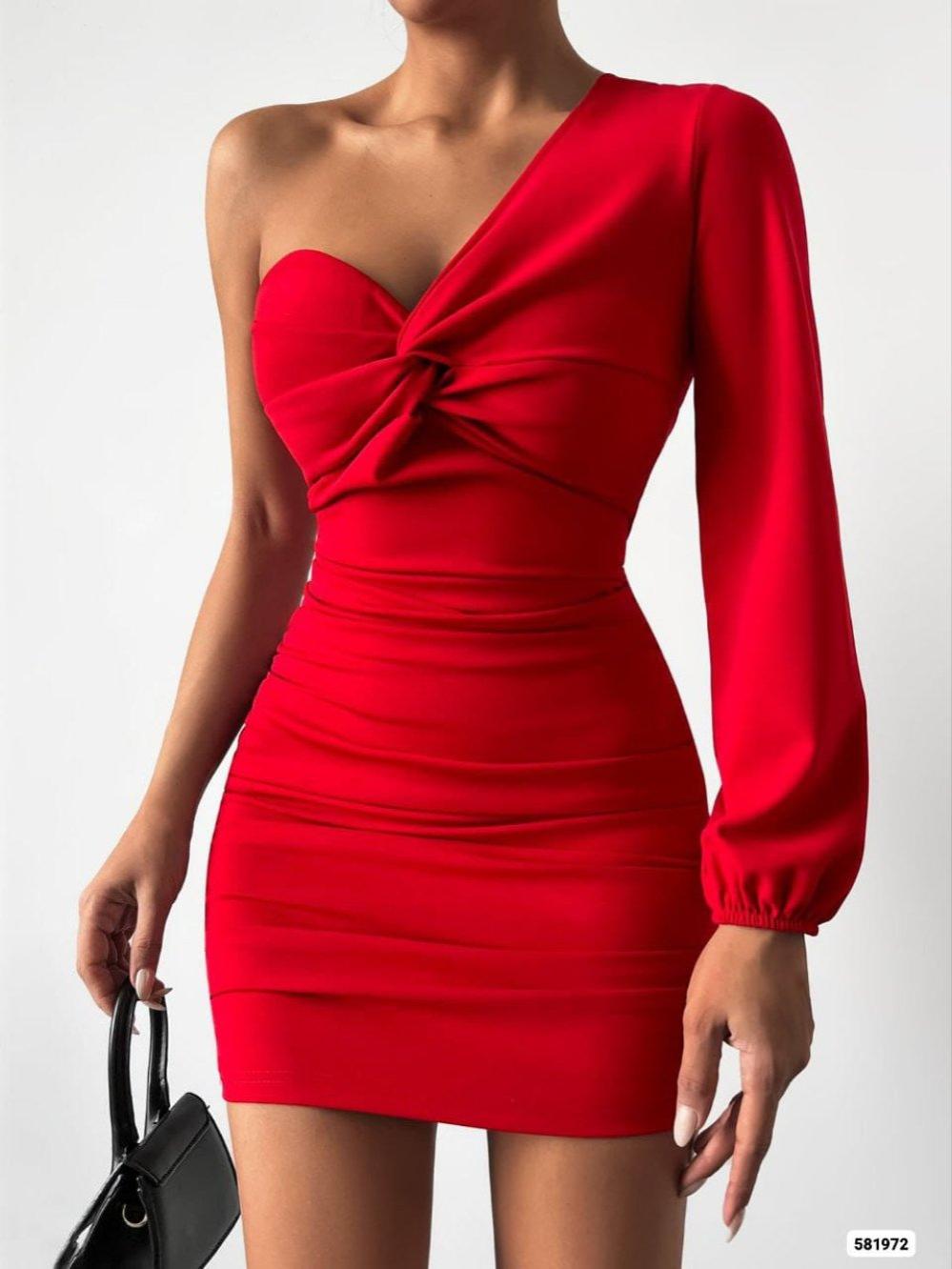 Afra Tek Kol Tasarım Elbise 581972 Kırmızı