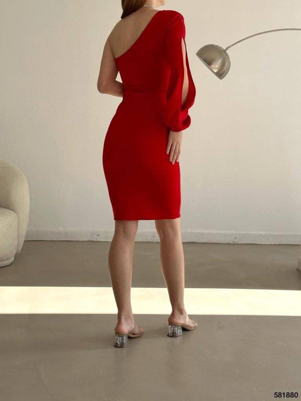 Amaris Tek Kol Tasarım Elbise 581880 Kırmızı