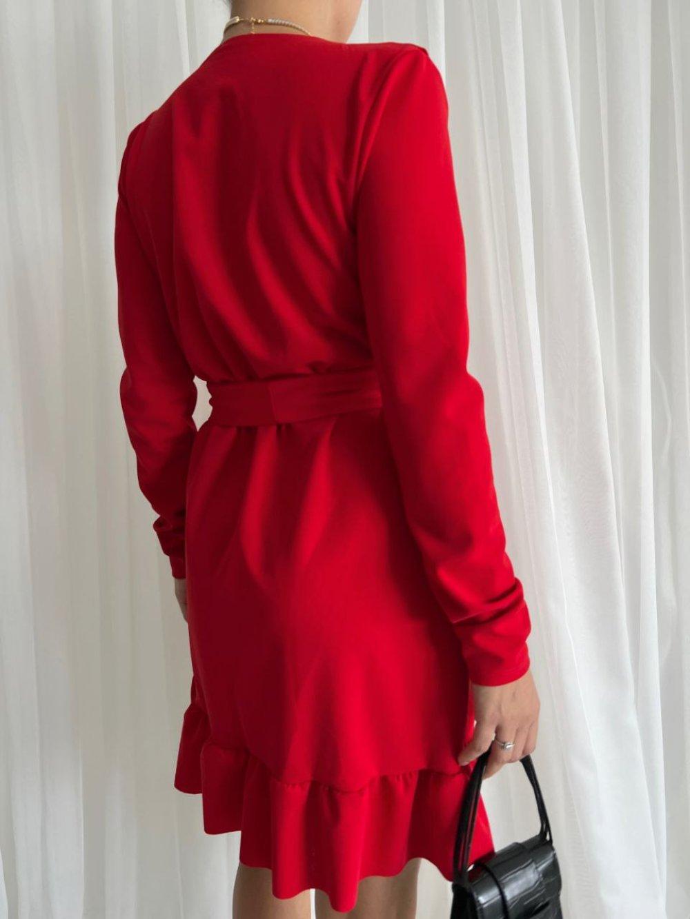 Amore Fırfır Yaka Kuşaklı Elbise 581842 B-10 Kırmızı