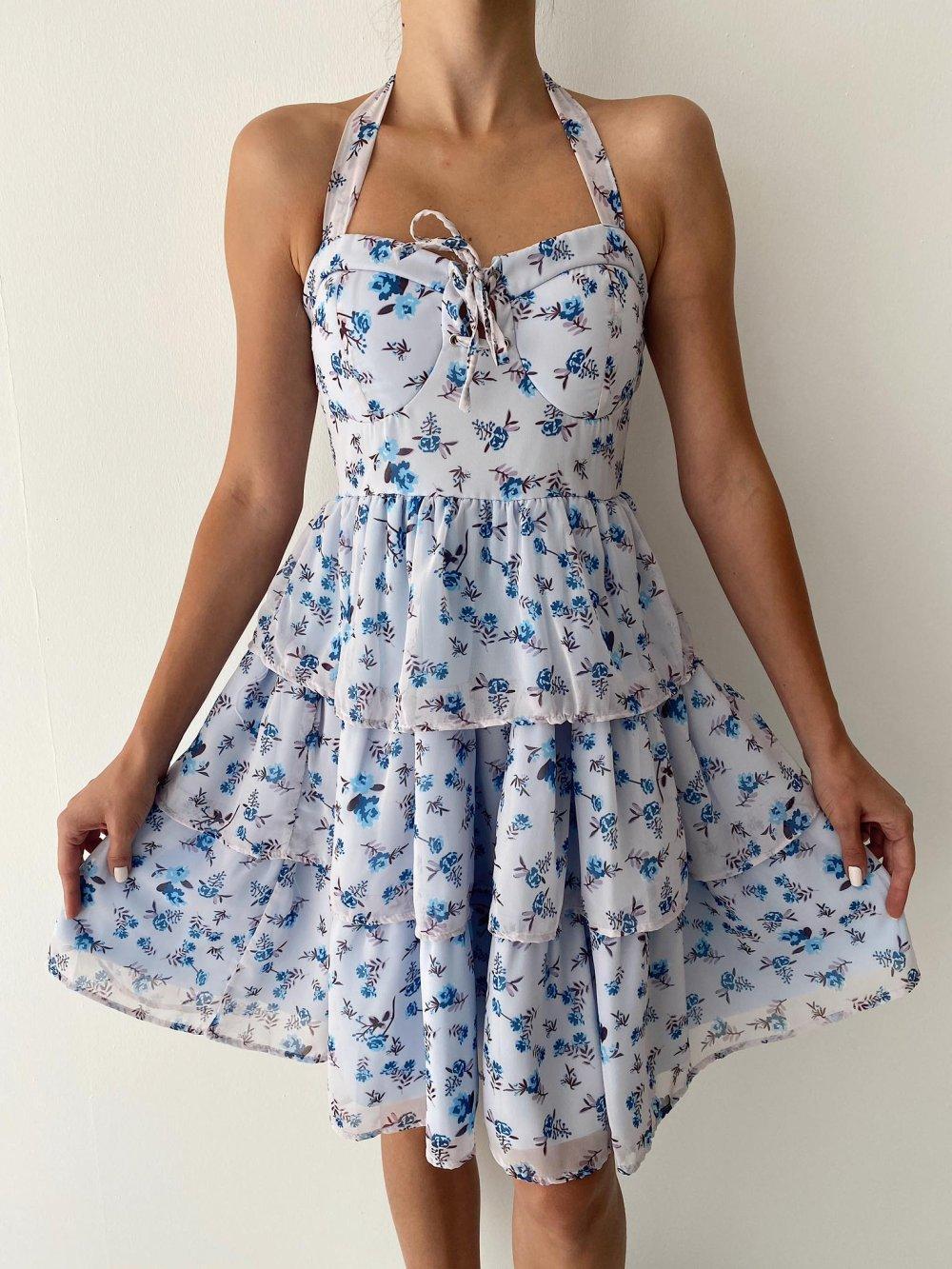 Astrid Minimal Desen Eteği Katlı Elbise B-9 Bebe Mavisi