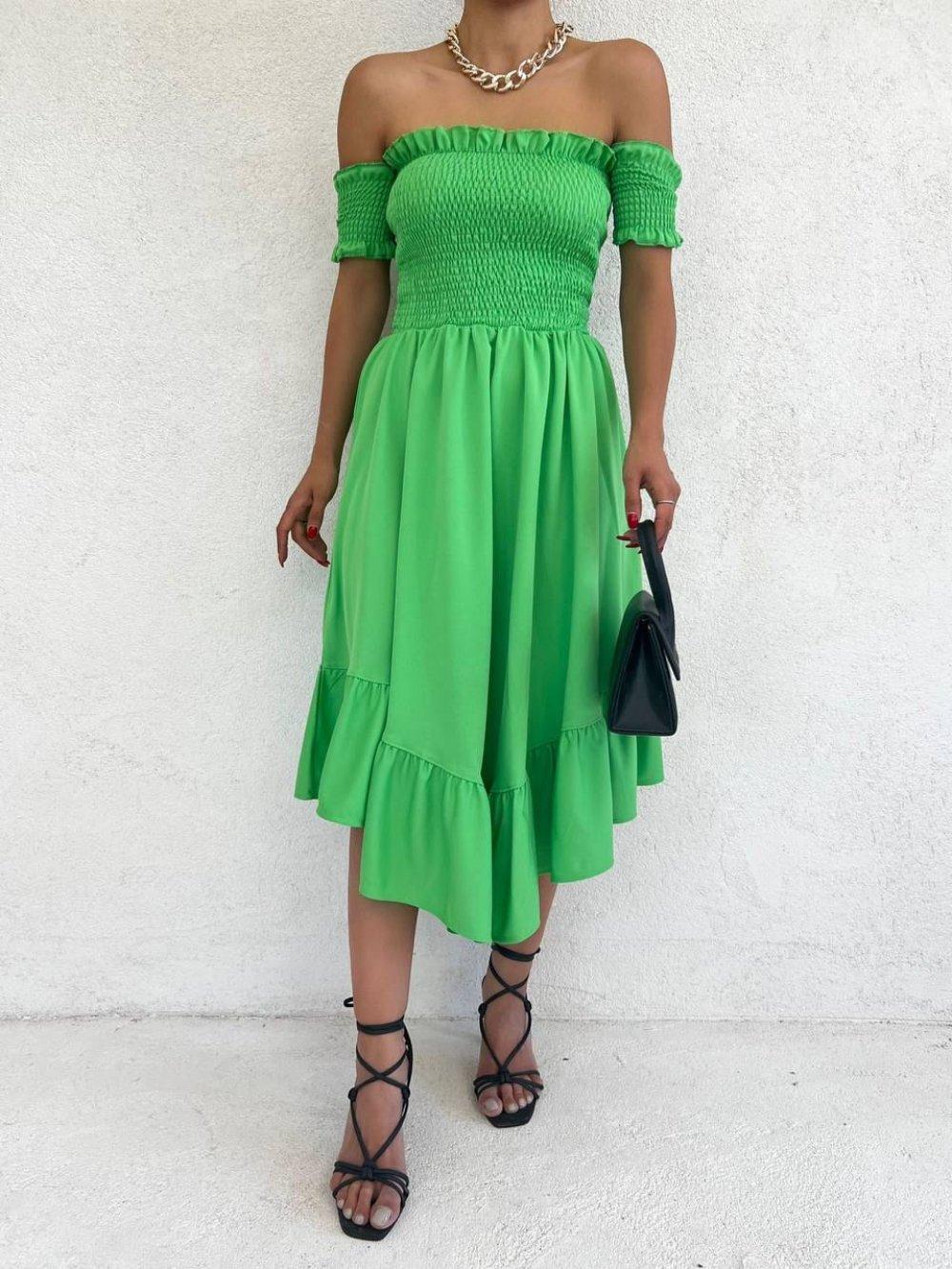 Bade Gipe Detay Eteği Verev Elbise 9640 Yeşil