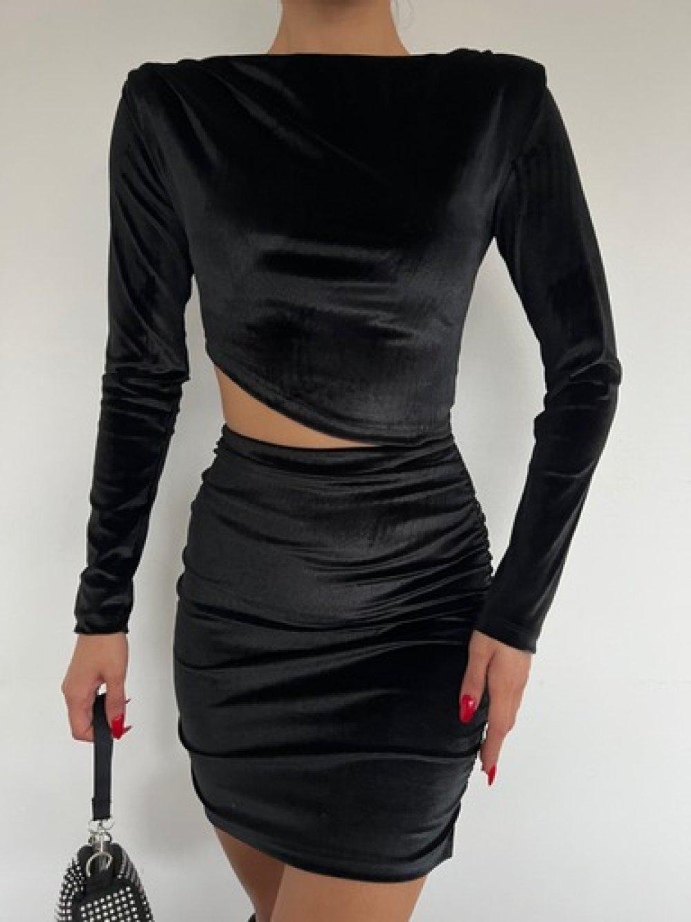 Bel Dekolte Kadife Mini Elbise 2932 D-5 Siyah