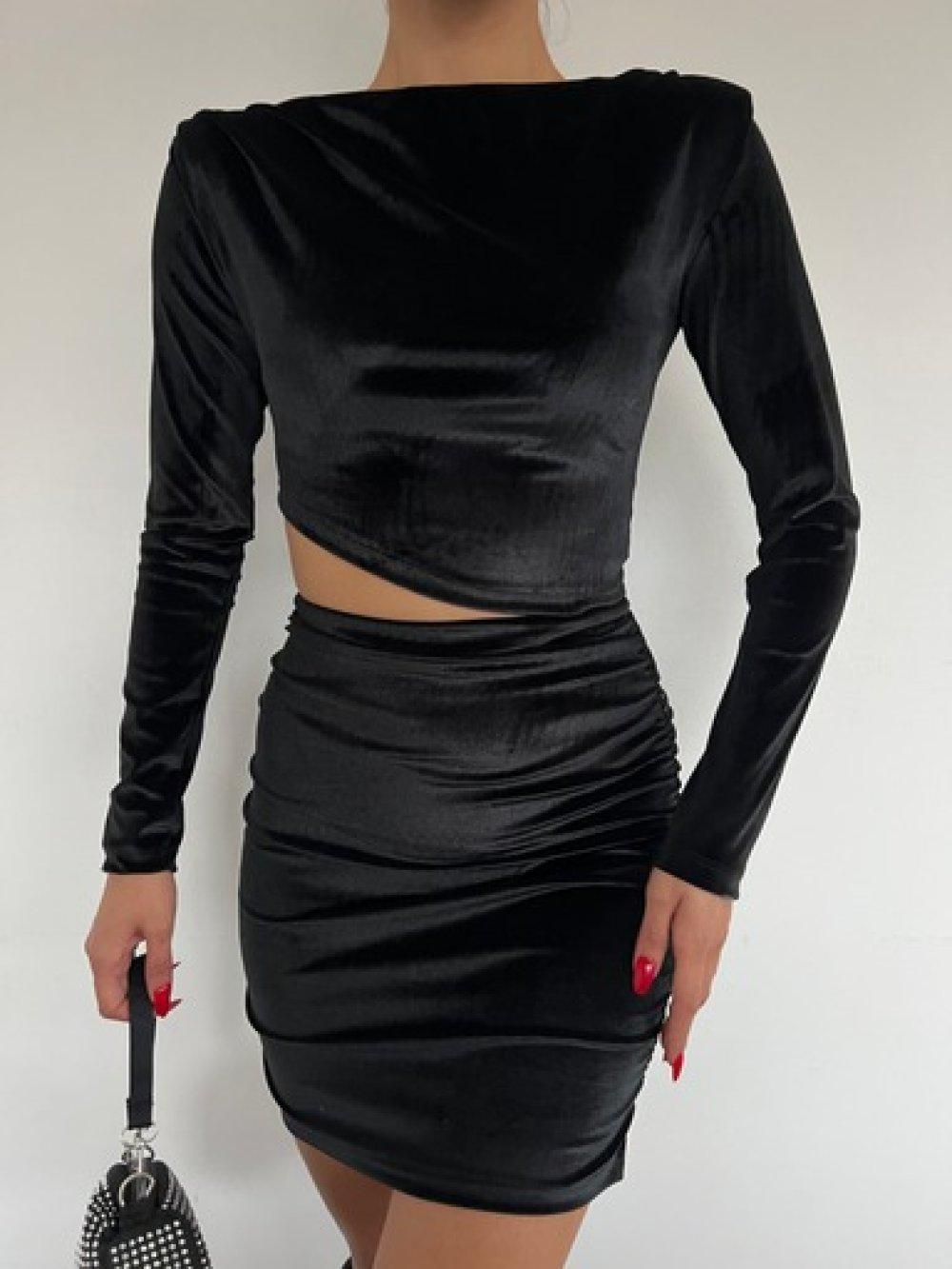 Bel Dekolte Kadife Mini Elbise 2932 D-5 Siyah