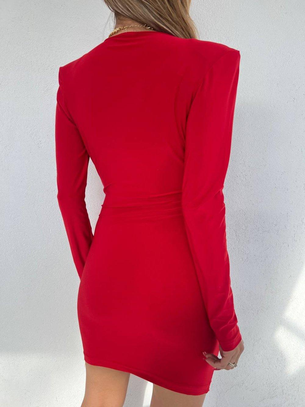 Degaje Yaka Vatkalı Elbise 10102 Kırmızı