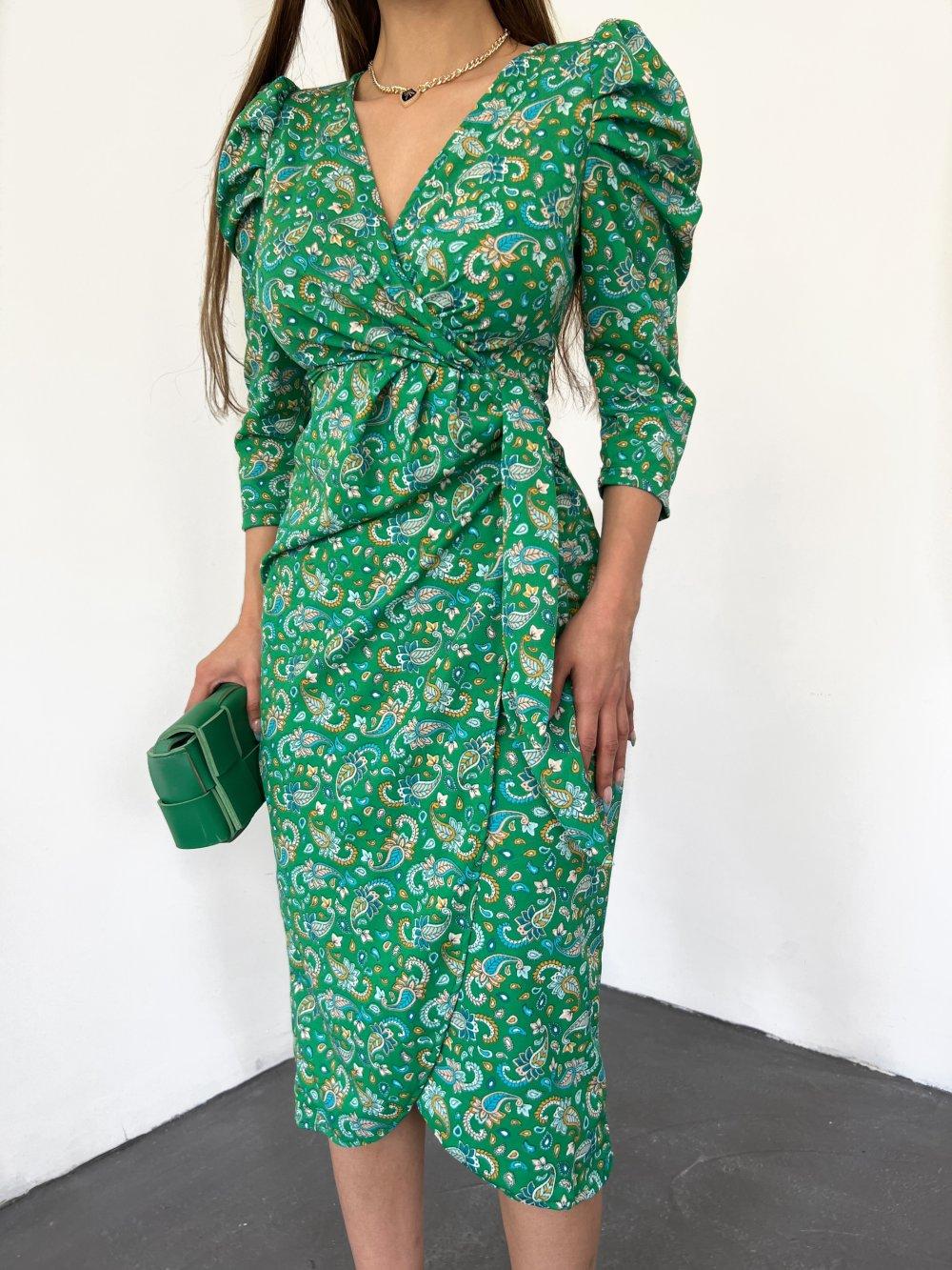Desenli Kuşaklı Anvelop Elbise 2990 Yeşil