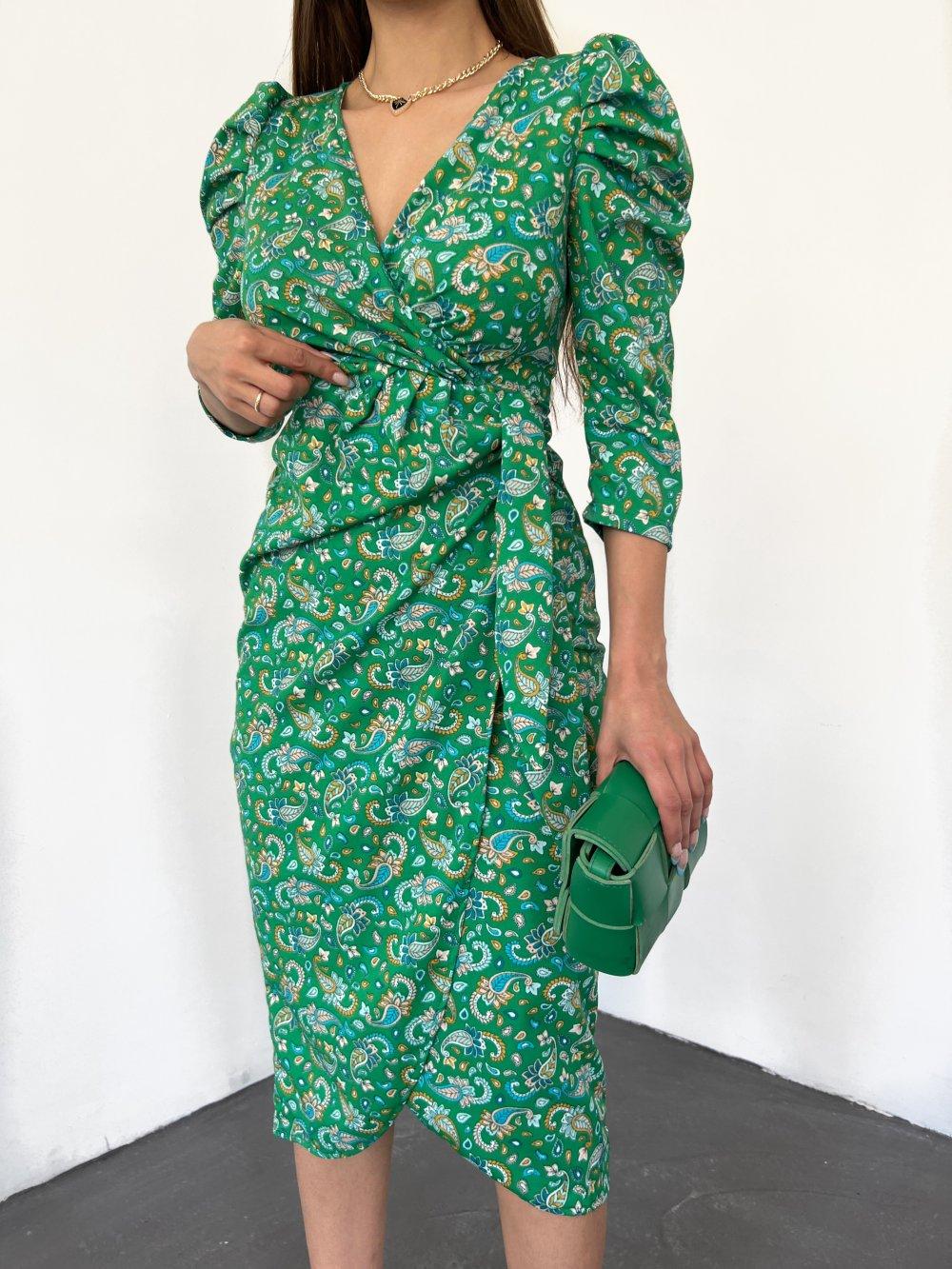 Desenli Kuşaklı Anvelop Elbise 2990 Yeşil
