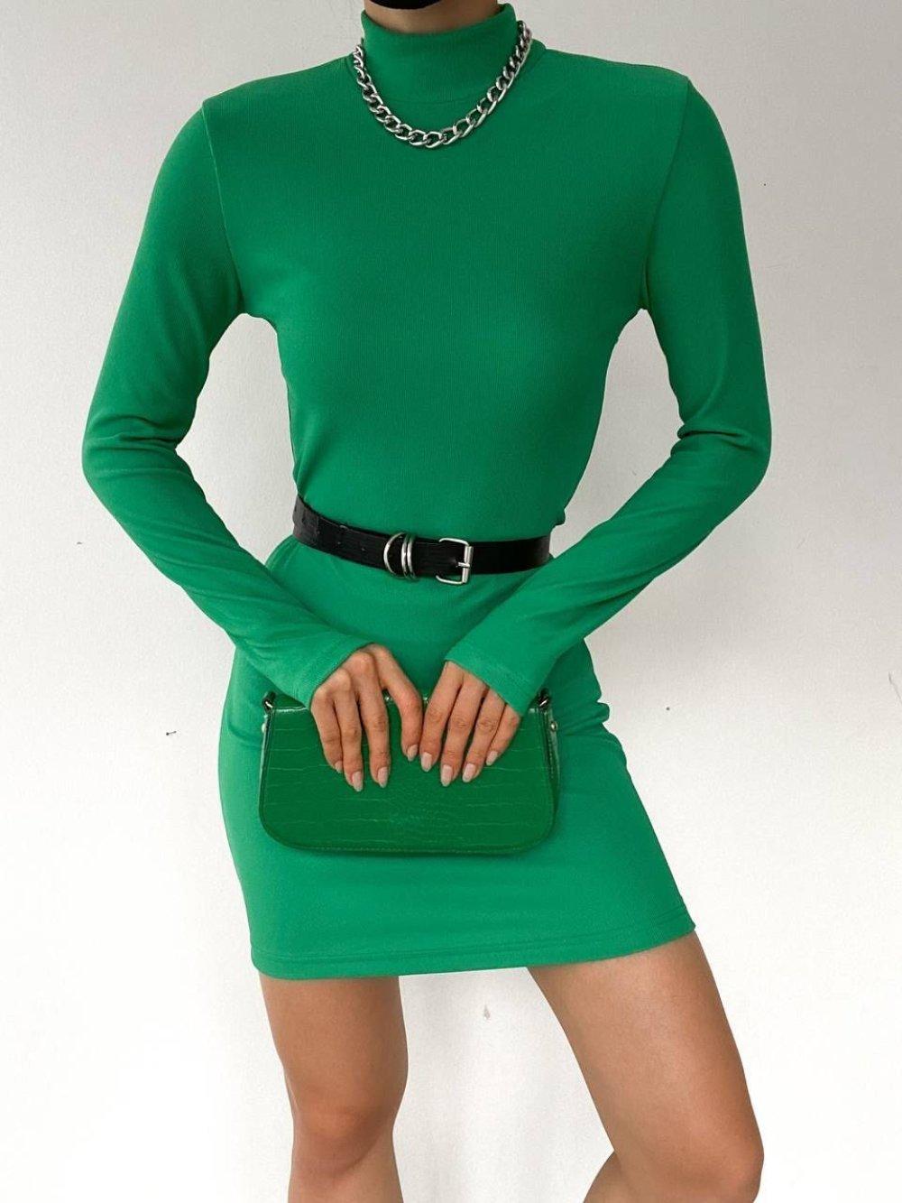 Efna Yarım Balıkçı Yaka Mini Elbise 1577 B-9 Yeşil