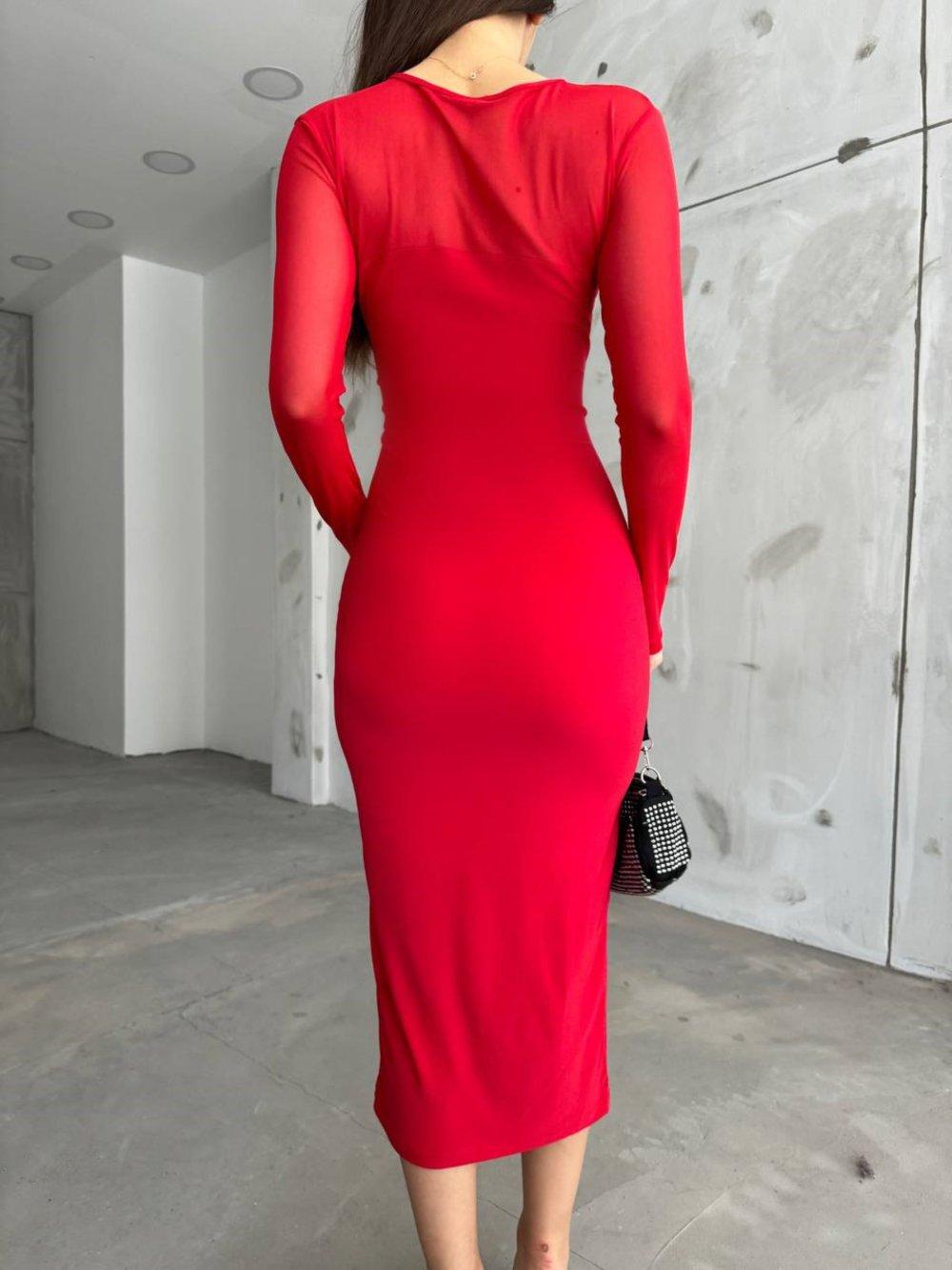 Elenor Tül Detaylı Elbise 12050 Kırmızı