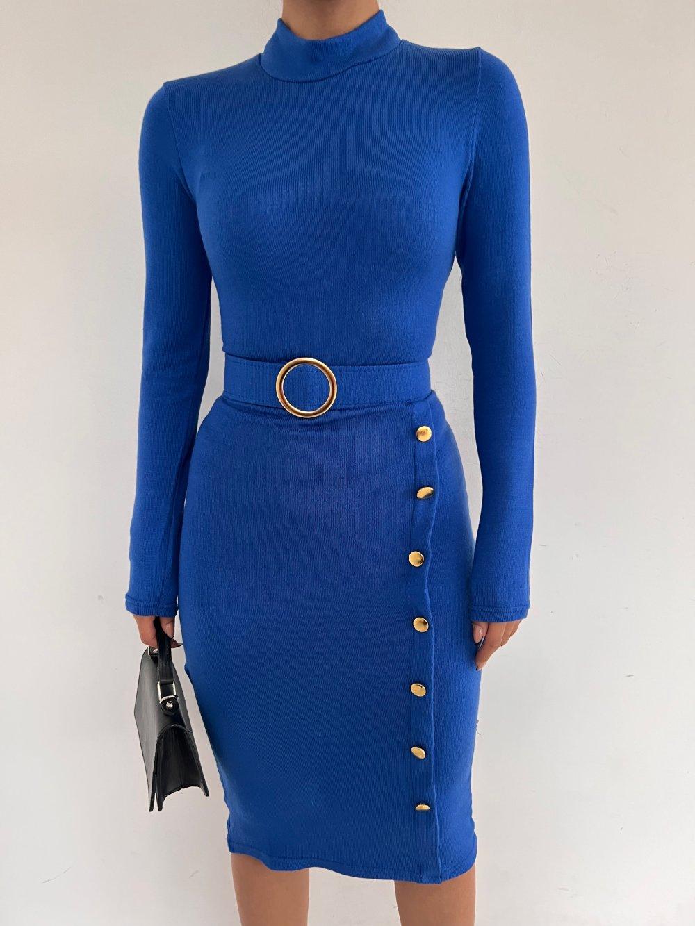 Eteği Patlı Düğmeli Elbise 2912 K-1 Saks Mavisi