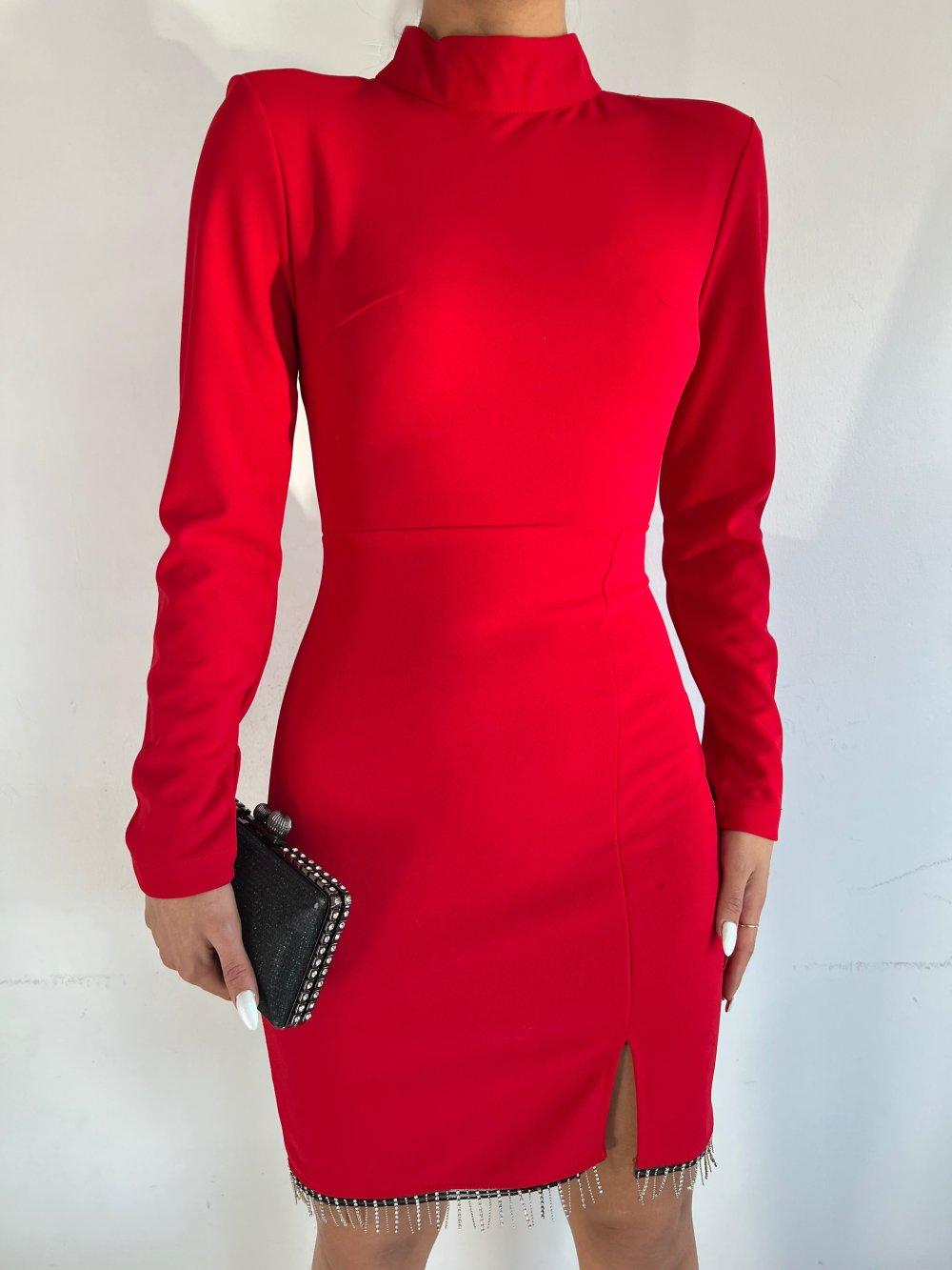 Etek Ucu Taşlı Dik Yaka Elbise 3758 J-6 Kırmızı