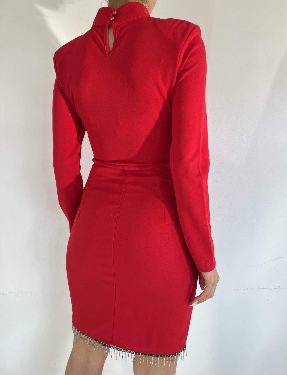 Etek Ucu Taşlı Dik Yaka Elbise 3758 J-6 Kırmızı