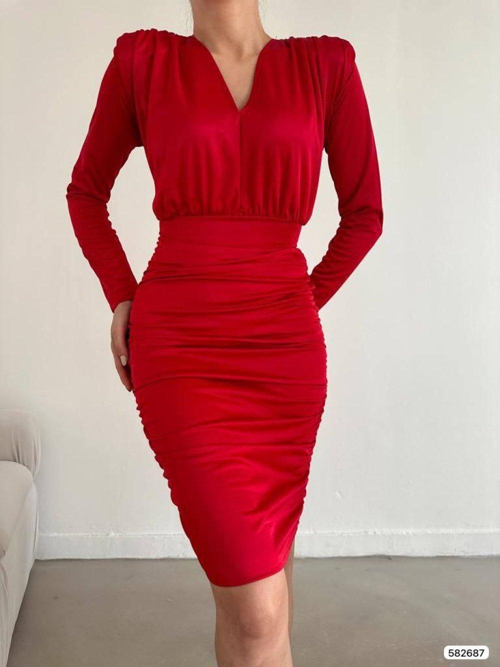 Farah Drapeli Vatkalı Saten Elbise 582687  Kırmızı