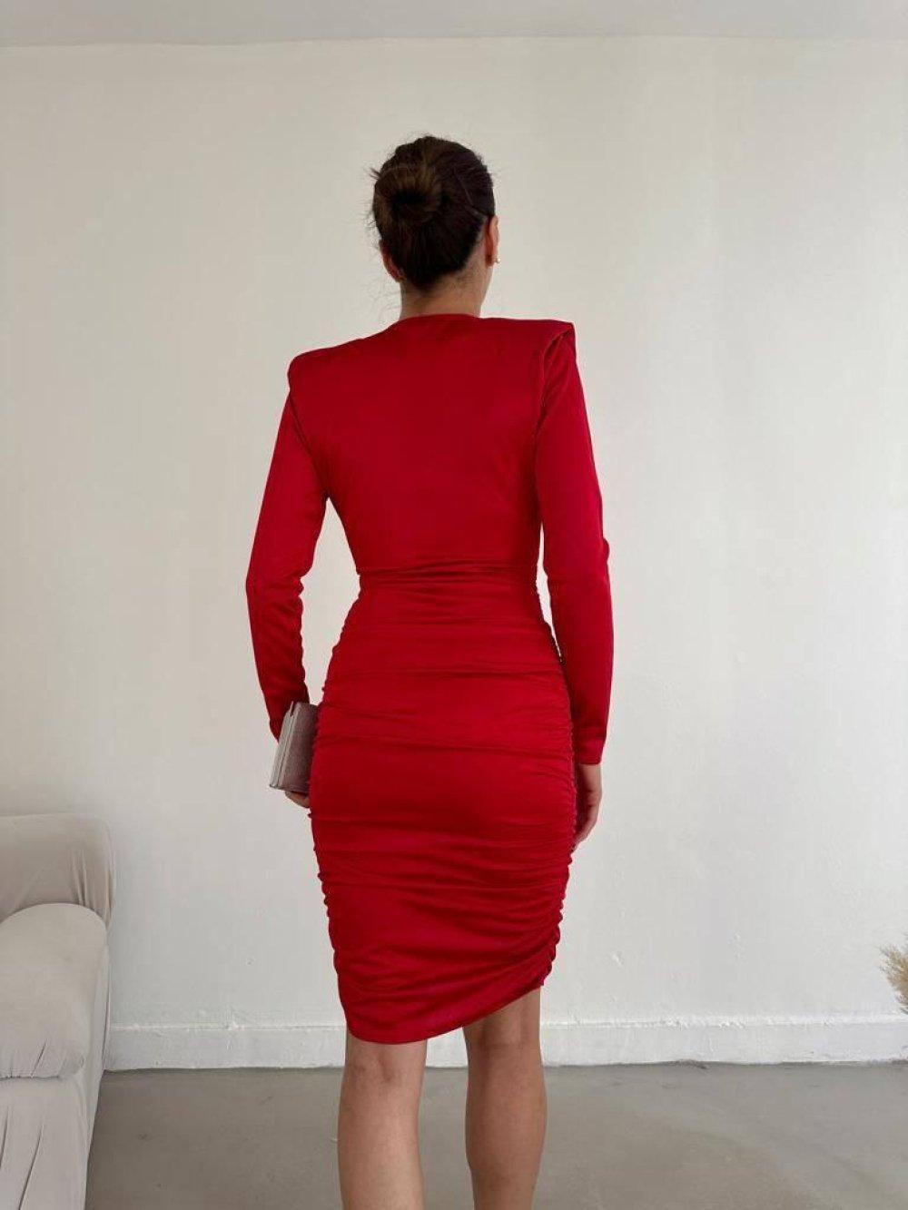 Farah Drapeli Vatkalı Saten Elbise 582687  Kırmızı